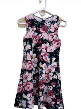 Girls Floral Swing Dress - Pink Floral on Black